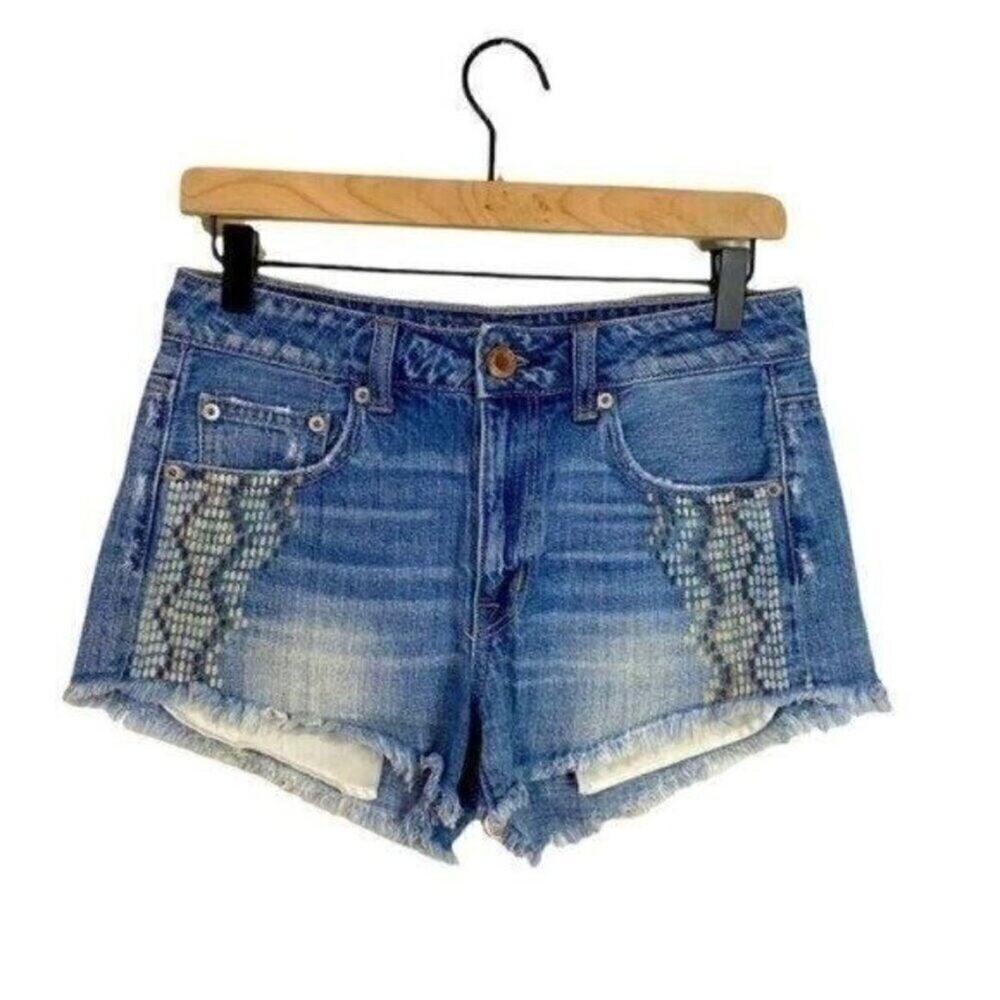 American Eagle Hi Rise Festival Shorts Size 4 Blue Denim Cutoff